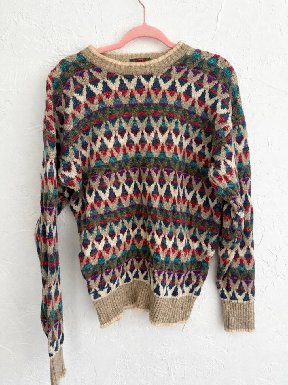 Vintage Boston Traders Grandpa Sweater L Silk Cotton Geometric Knit 90s